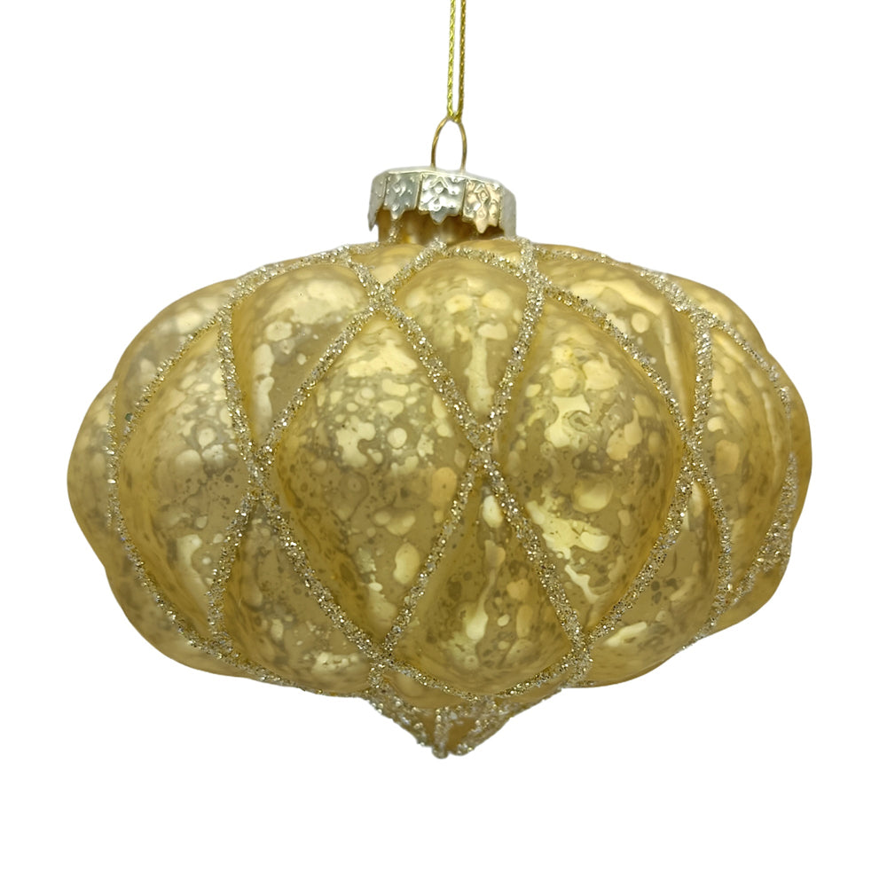 Antique Gold Glitter Diamond Grid Glass Onion Ornament | Putti Christmas