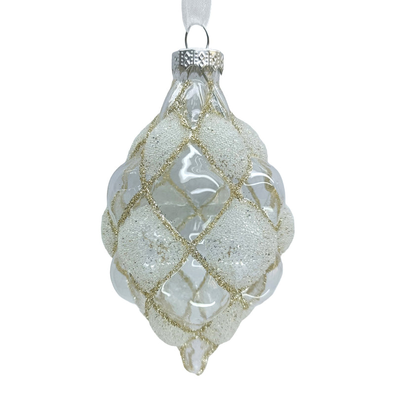 Clear White with Champagne Glitter Diamond Grid Glass Olive Ornament | Putti 