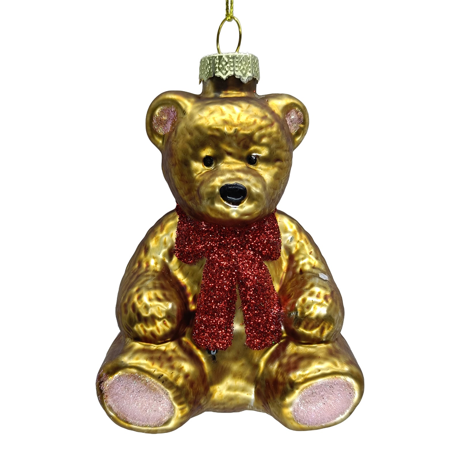 Teddy Bear with Red Bow Glass Ornament