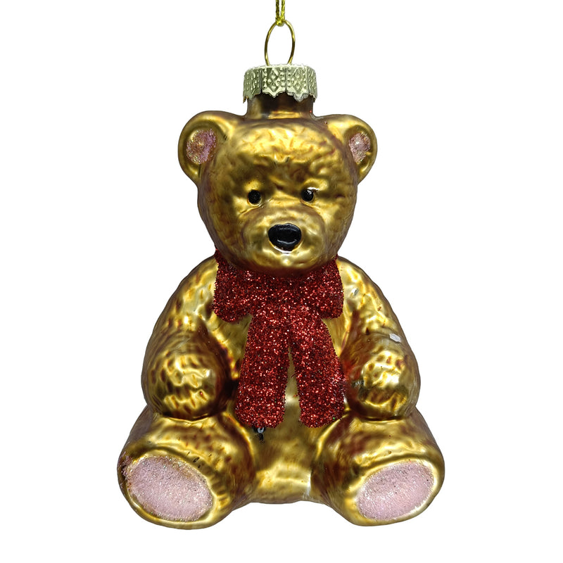 Teddy Bear with Red Bow Glass Ornament