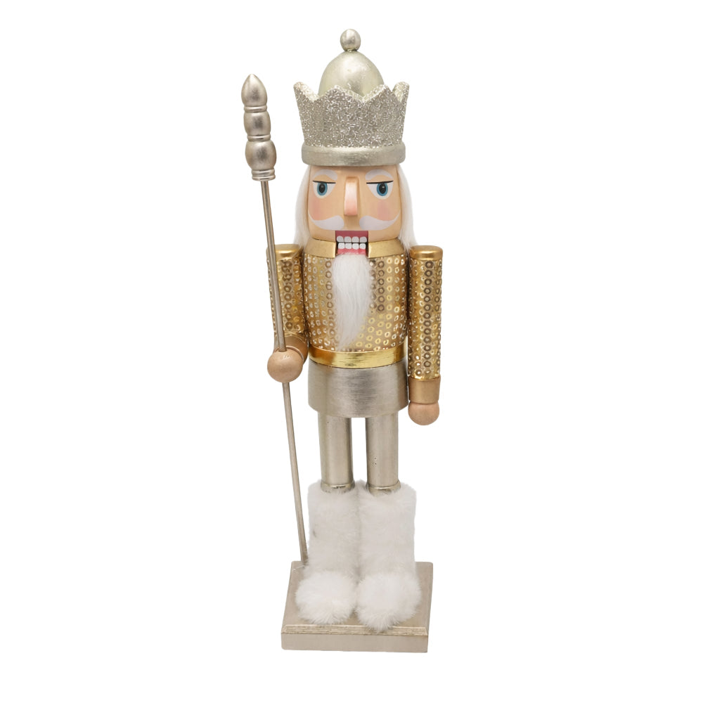 Gold Sequin Wooden Nutcracker King with Fur Boots & Staff | Putti Christmas 