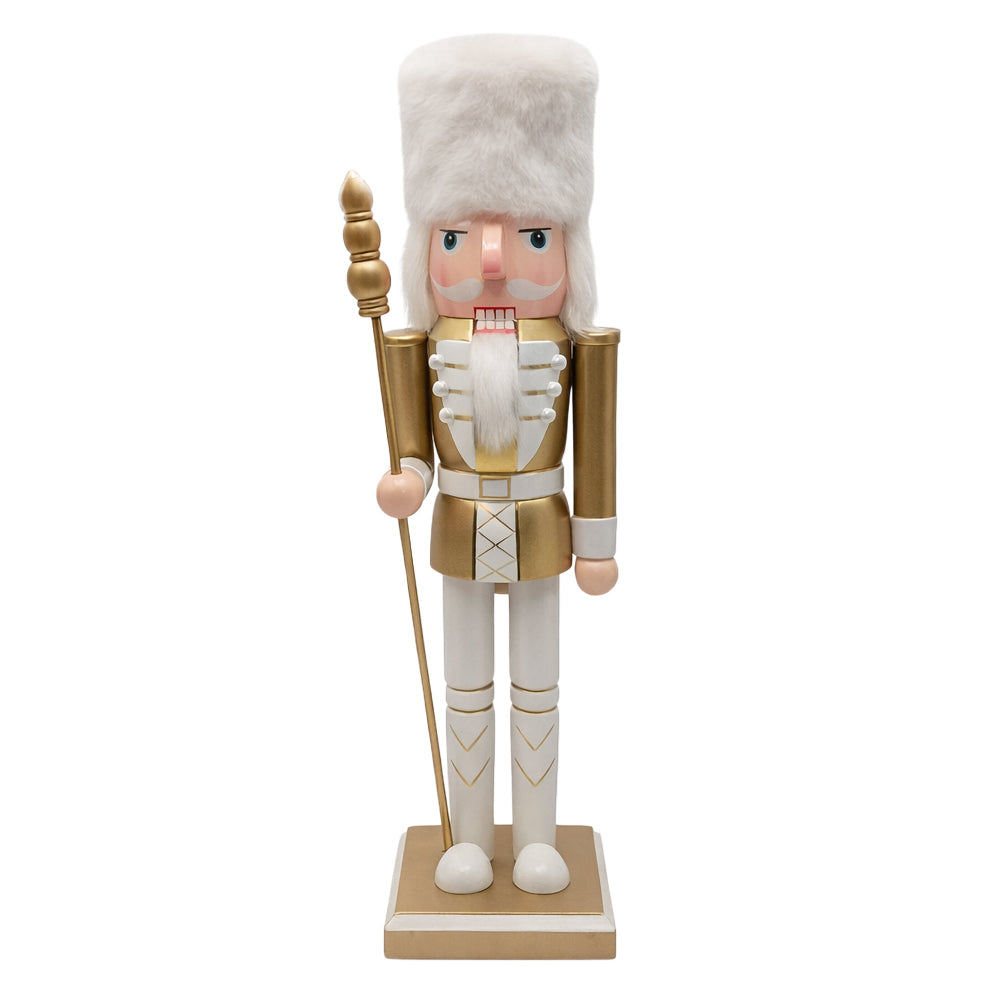  Gold and White Wooden Soldier with White Fur Hat | Putti Christmas Decor 