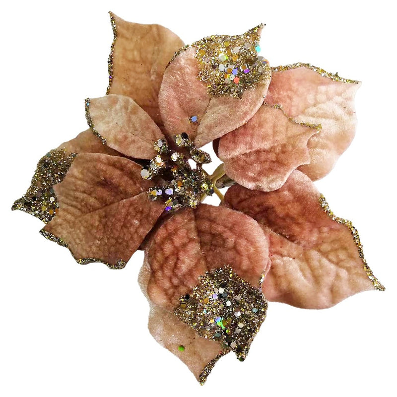 Rose Gold Velvet Poinsettia Head with Cliip | Putti Christmas Decorations 