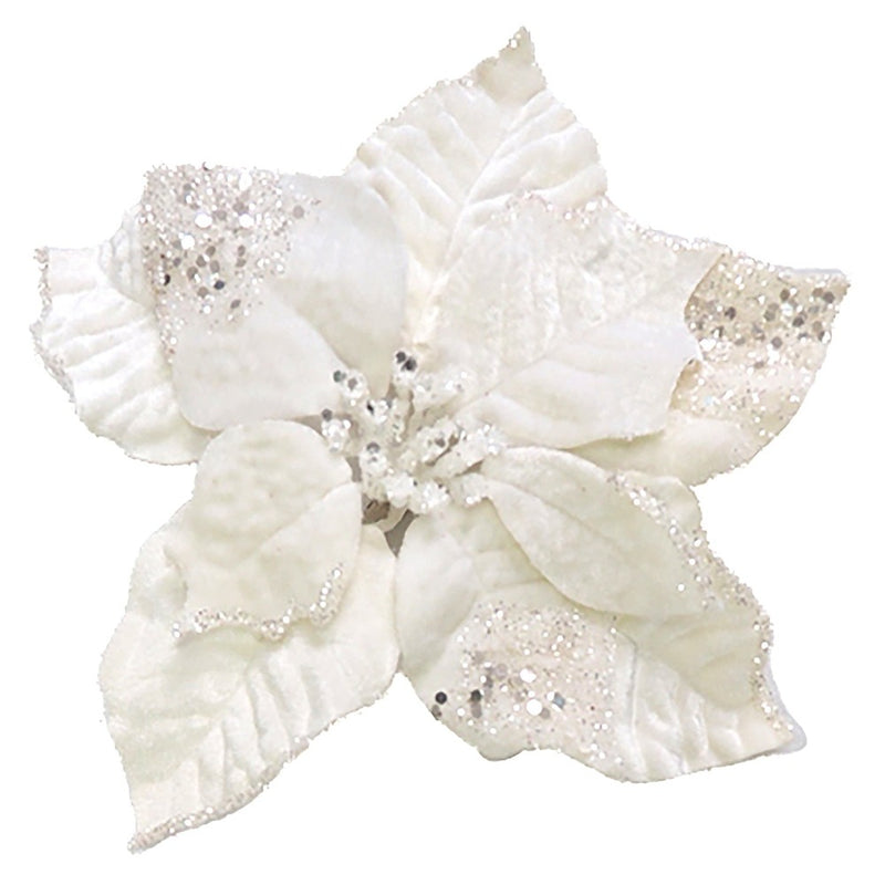 Ivory Velvet Poinsettia Head with Cliip  | Putti Christmas Decorations 