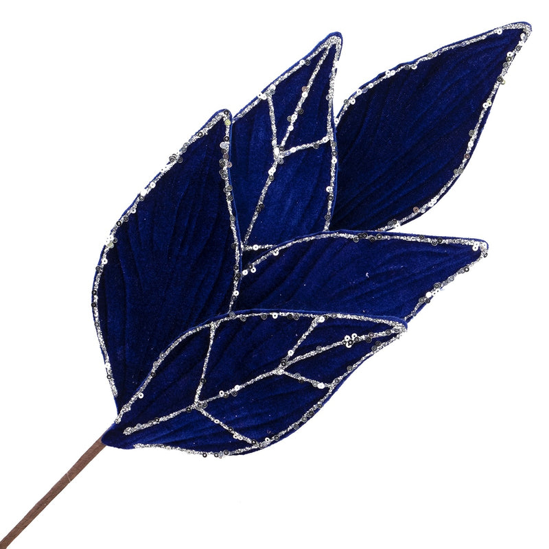 Blue Velvet with Silver Glitter Leaf Spray