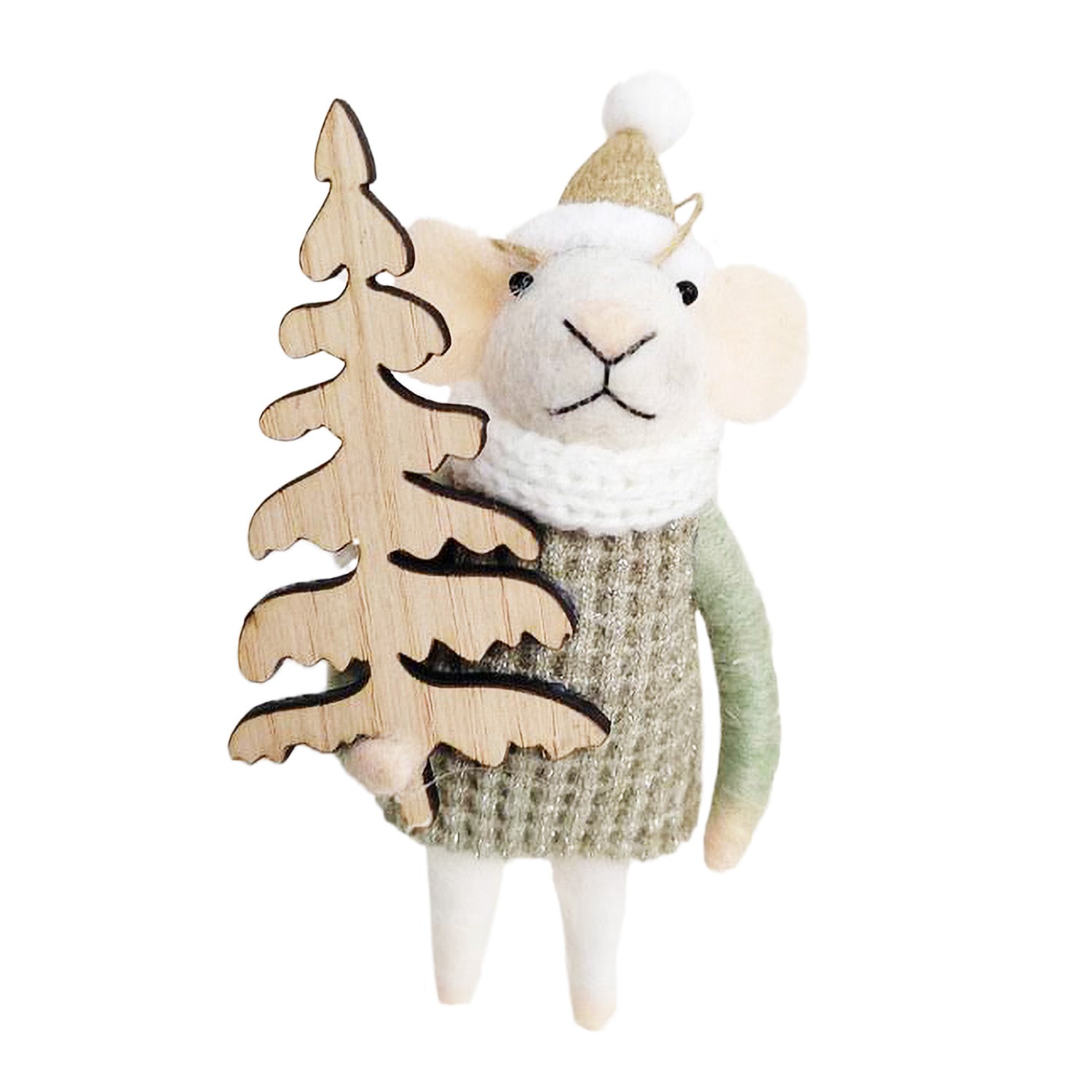 Mouse with Wood Christmas Tree Felt Ornament