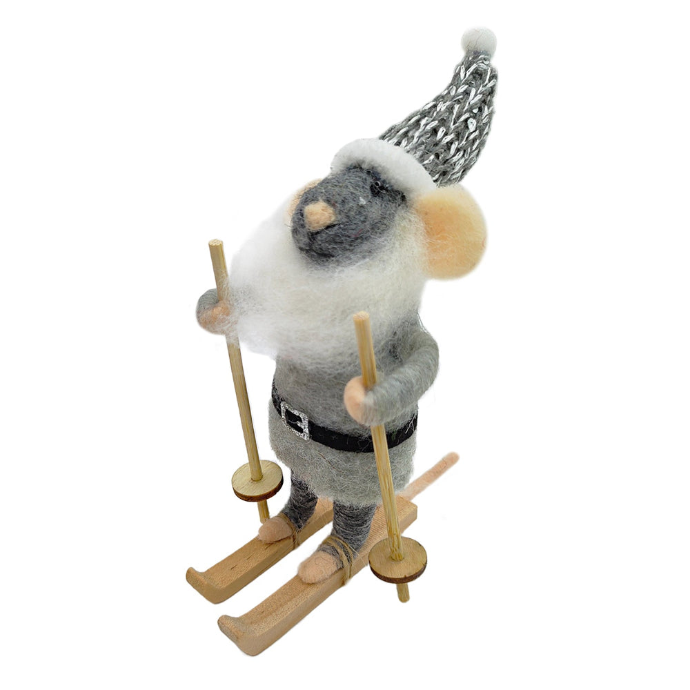 "Alpine Alan" Grey Felt Sking Mouse Ornament | Putti Christmas Decorations 