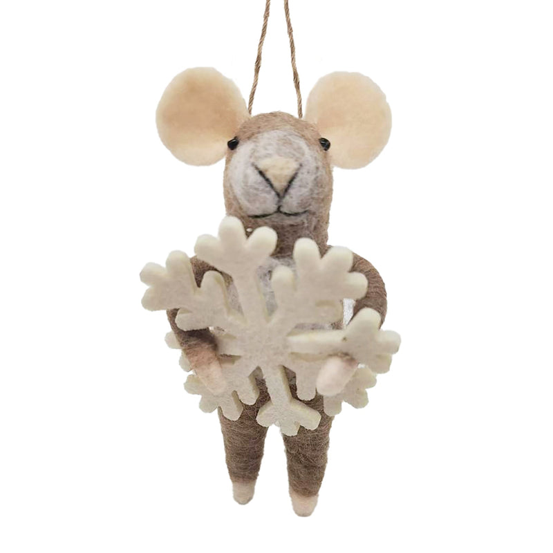 "Snowflake Stan" Brown Felt Mouse Ornament | Putti Christmas Decorations 