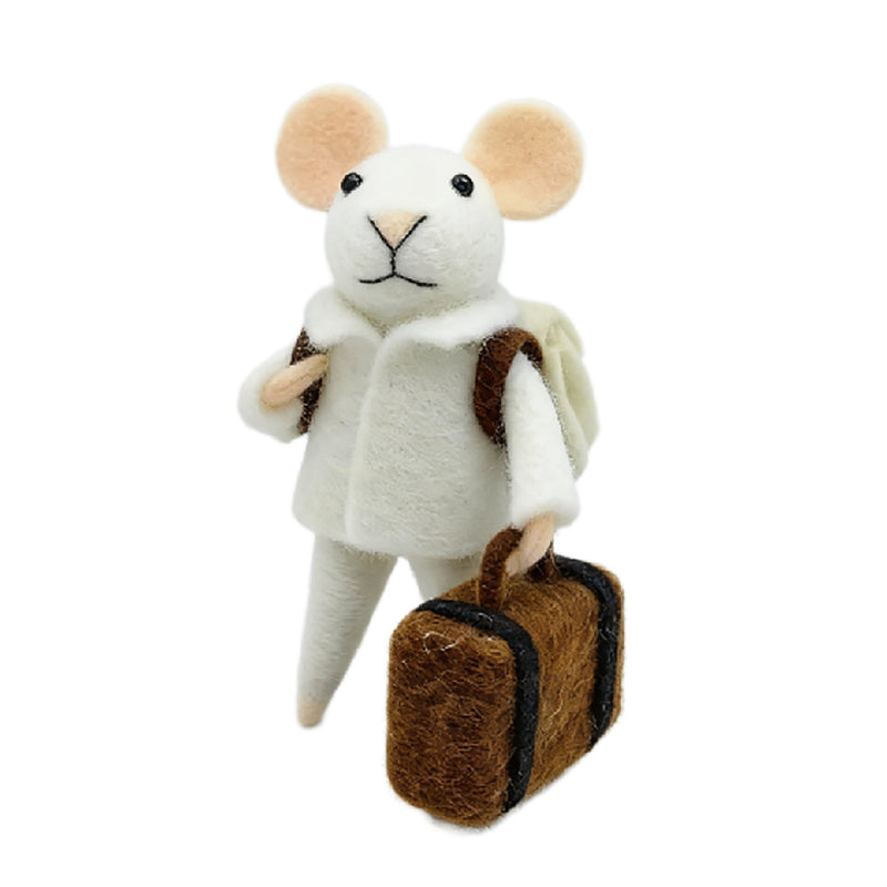 White Coat with Brown Travelling Suitcase Wool Felt Mouse Ornament | Putti 