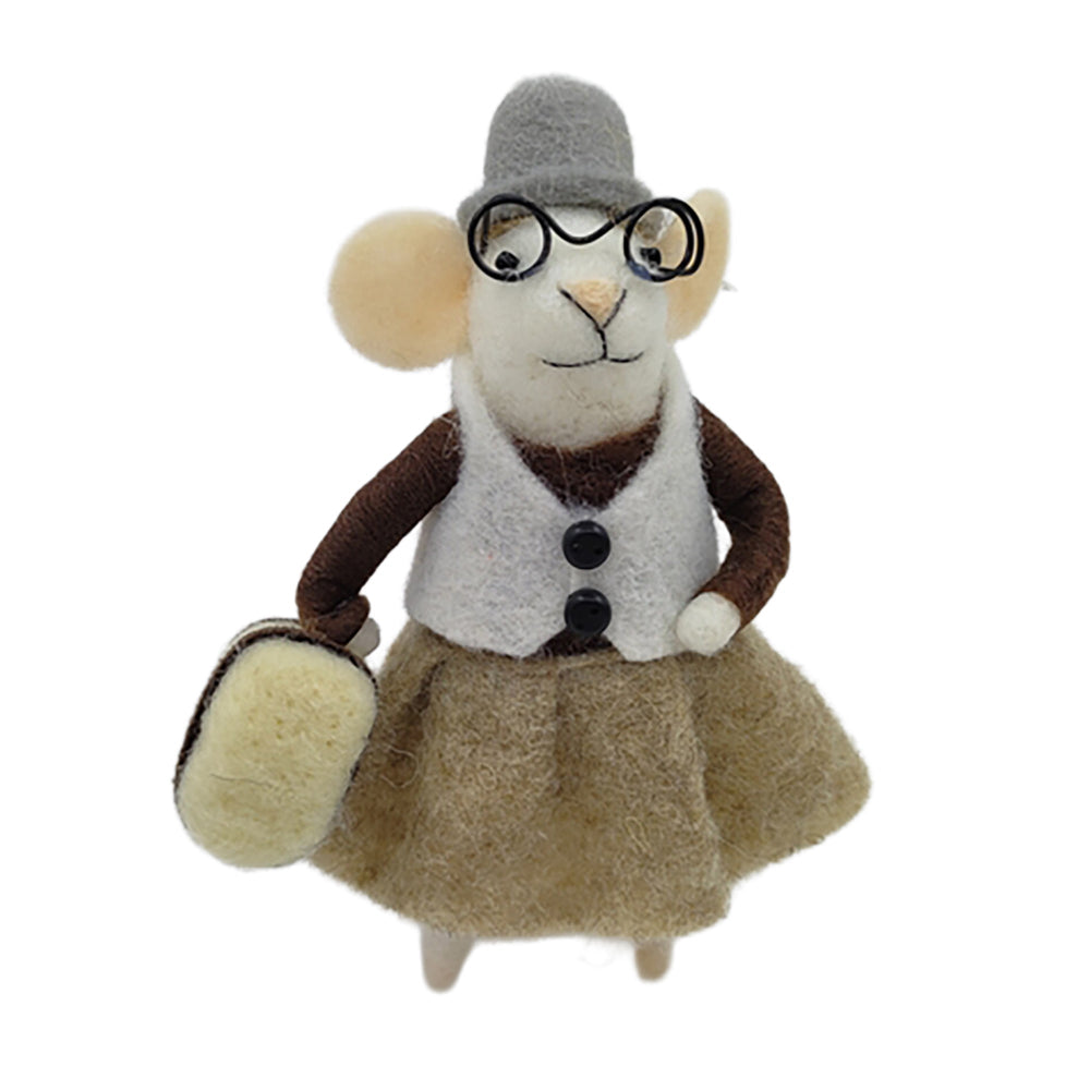 Brown Dress with Bag and Round Eyeglasses Wool Felt Mouse Ornament | Putti