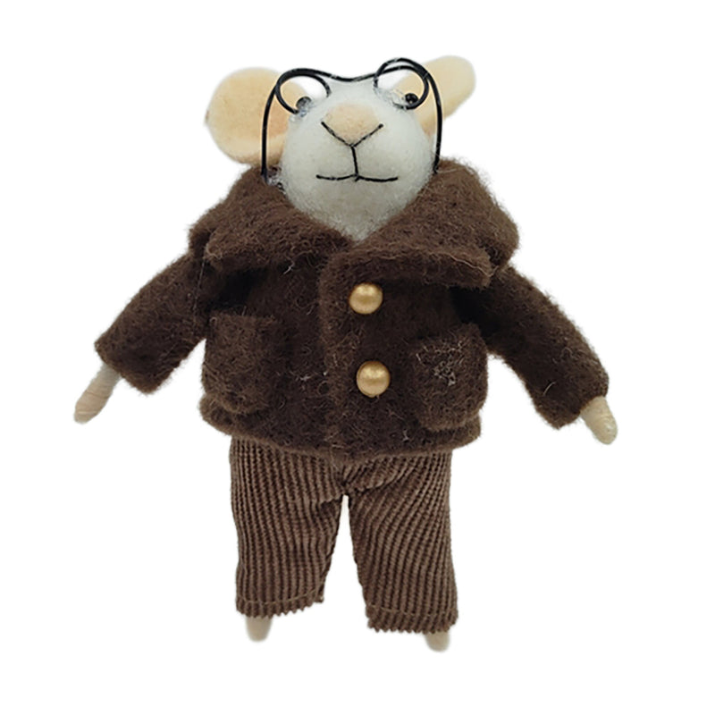 Brown Coat with Thick Glasses Wool Felt Mouse Ornament | Putti 