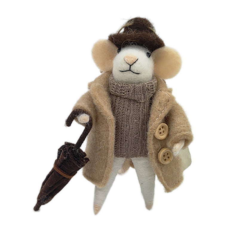 Beige Coat Holding Black Umbrella Wool Felt Mouse Ornament | Putti 