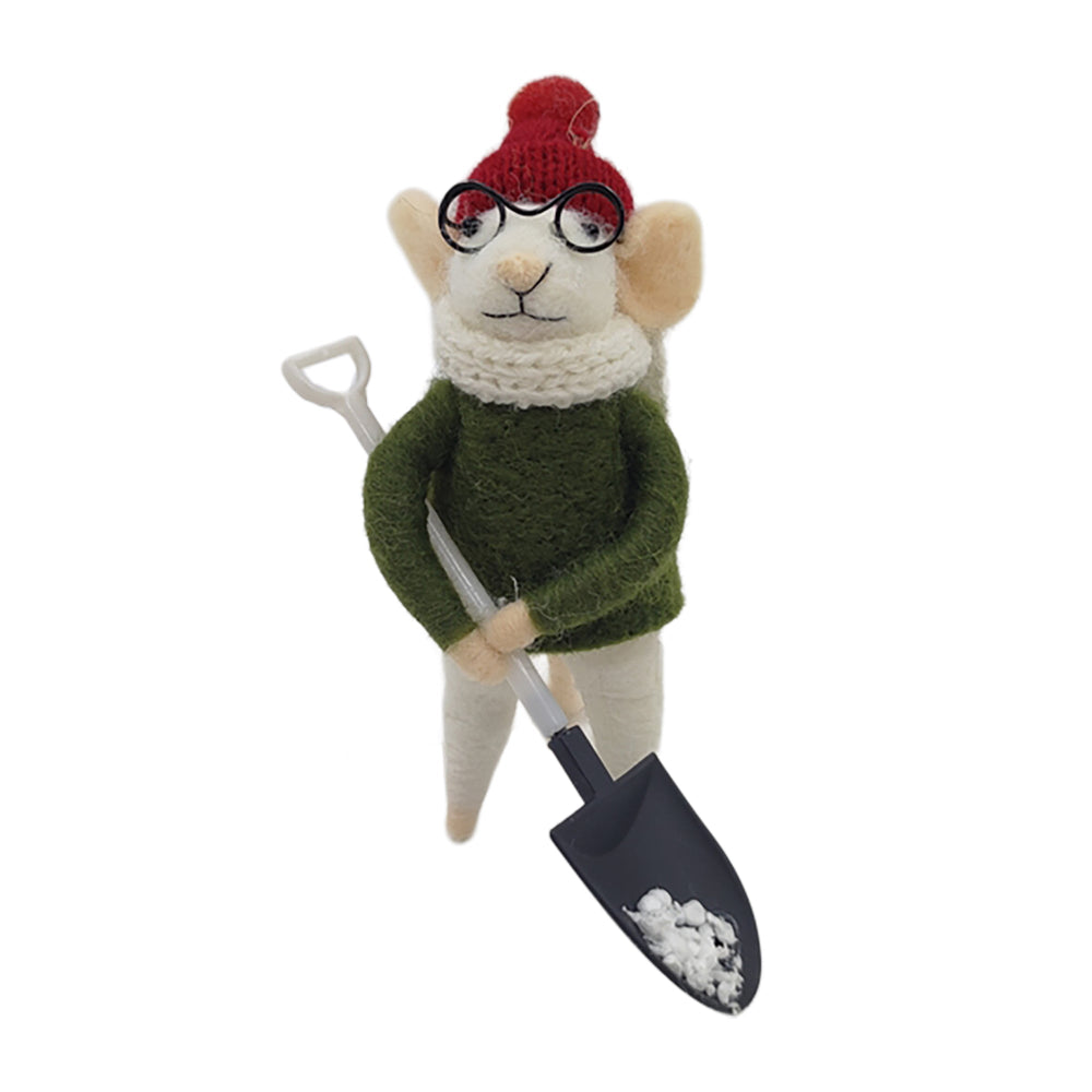 Green Sweater Holding Winter Shovel Felt Mouse Ornament | Putti
