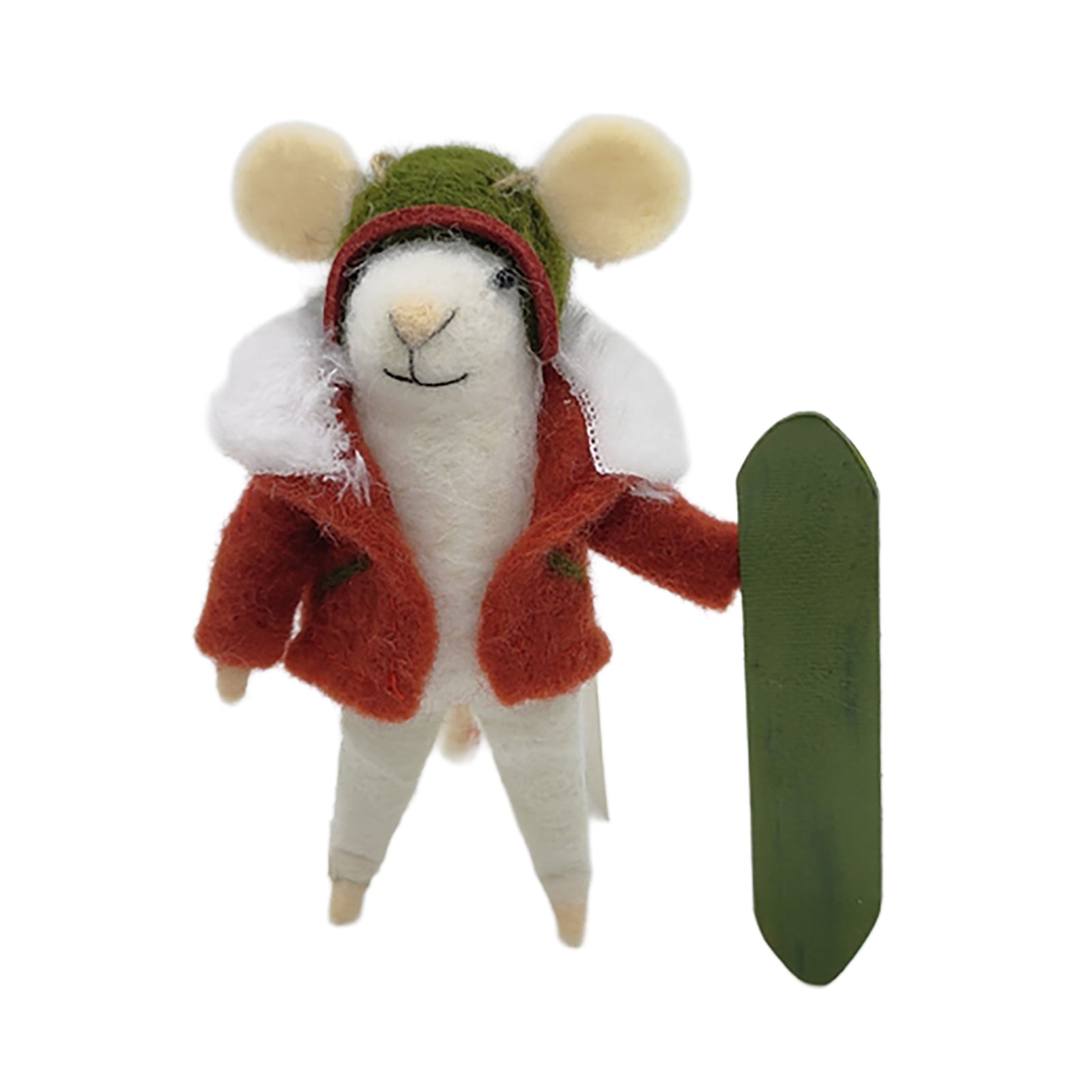 Red Coat Holding Green Snowboard Wool Felt Mouse Ornament