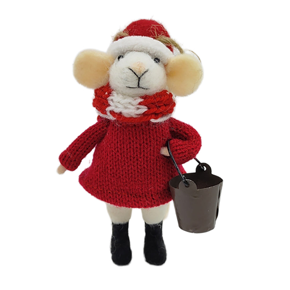 Red Dress Holding Small Bucket Wool Felt Mouse Ornament | Putti