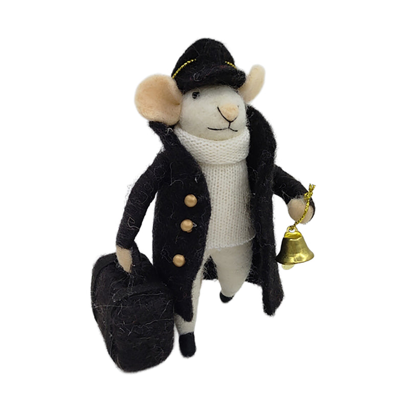 Black Coat Holding Black Bag and Bell Wool Felt Mouse Ornament