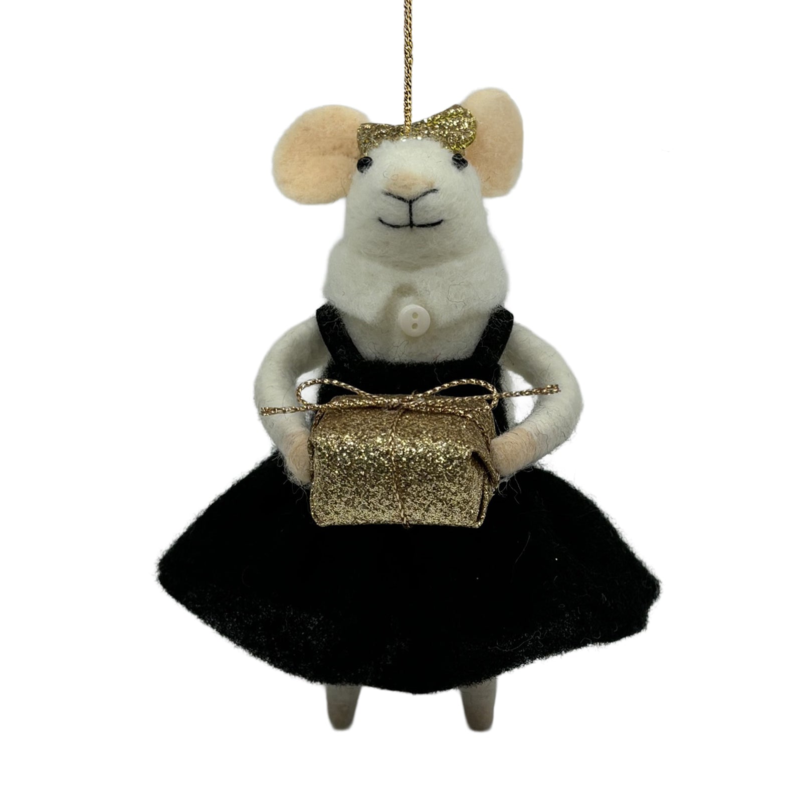 Black Dress Holding Gold Gift Box Wool Felt Mouse Ornament