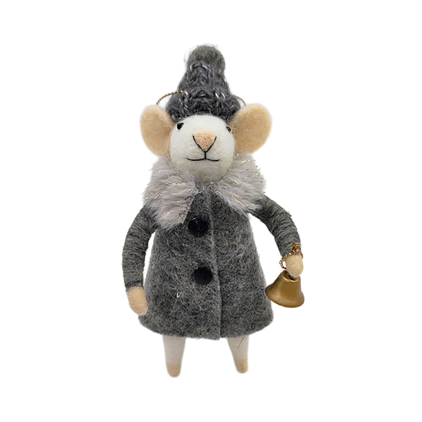 Grey Coat Holding Small Gold Bell Wool Felt Mouse Ornament