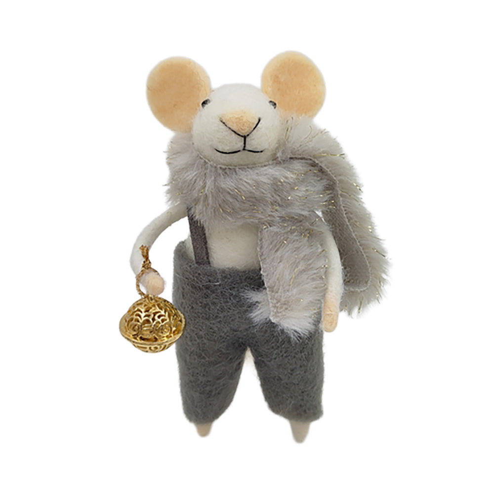 Grey Overalls with Matching Scarf Wool Felt Mouse Ornament | Putti