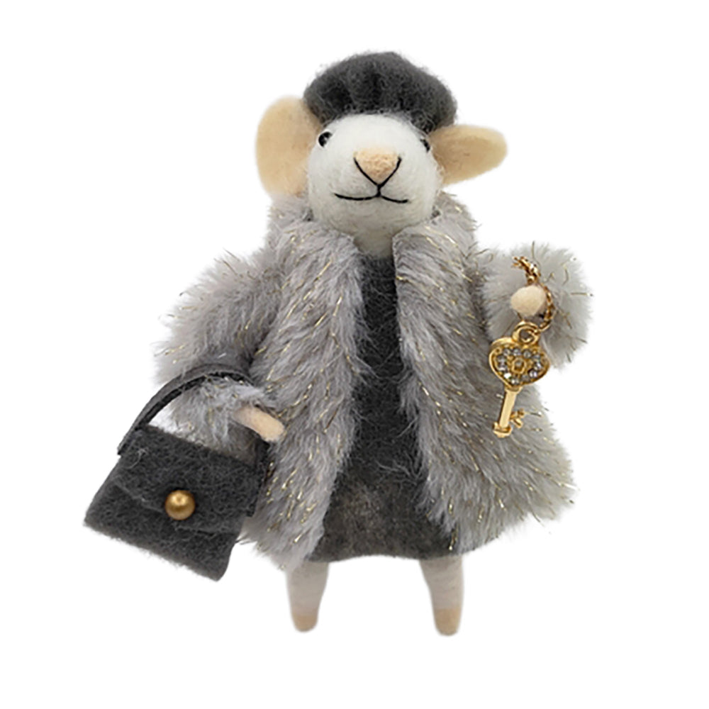 Grey Fur Coat with Brown Handbag Wool Felt Mouse Ornament | Putti 