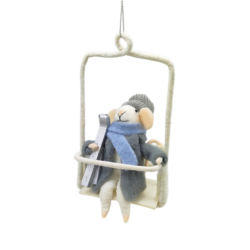 Grey Outfit on Chairlift Wool Felt Mouse Ornament | Putti Christmas Decorations 