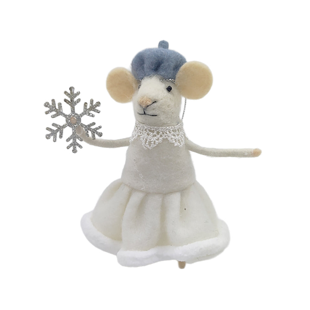 White Dress with Silver Snowflake Wool Felt Mouse Ornament