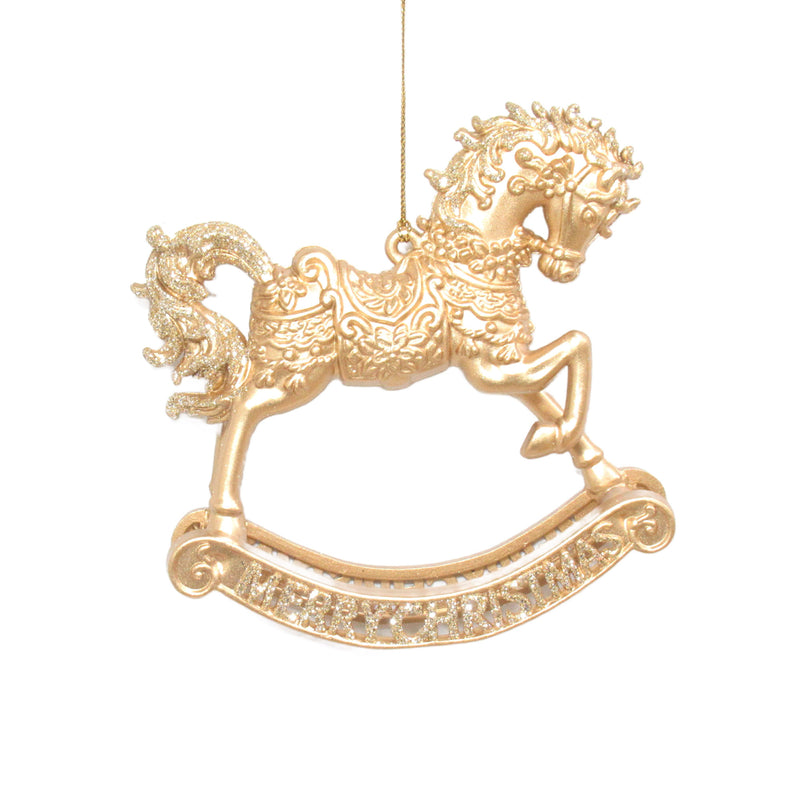 Gold Rocking Horse with Glitter Ornament  | Putti Christmas Decorations 