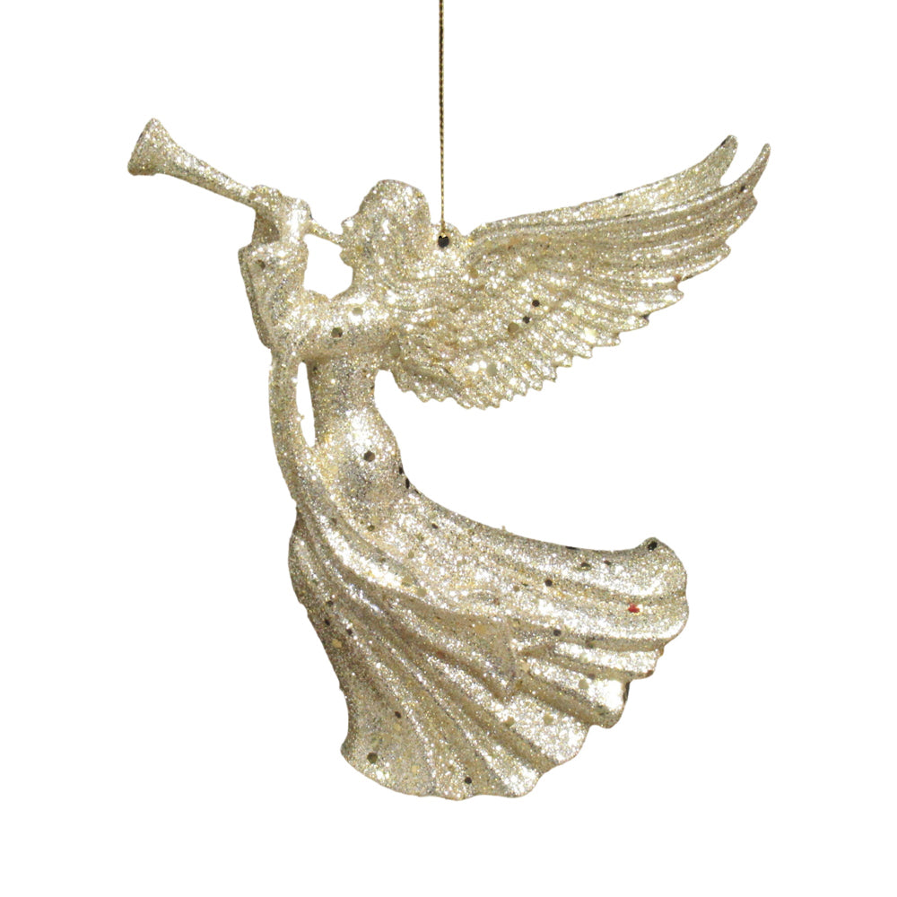 White and Gold Glitter Angel with Trumpet Ornament | Putti Christmas Decorations 