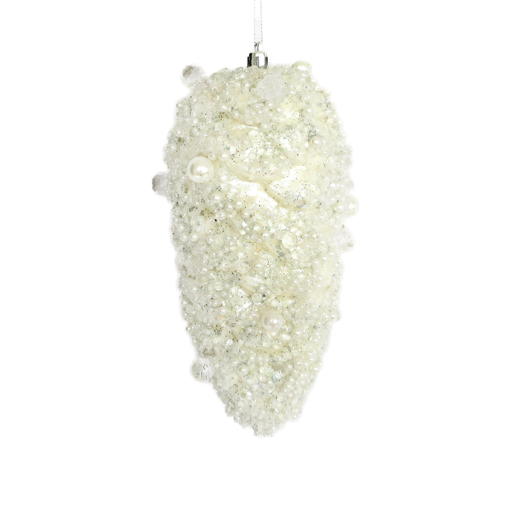 Ivory Glitter with Pearls Pinecone - Medium | Putti Christmas Decorations 