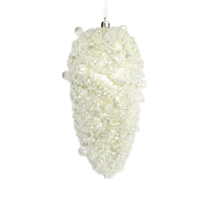 Ivory Glitter with Pearls Pinecone - Medium | Putti Christmas Decorations 