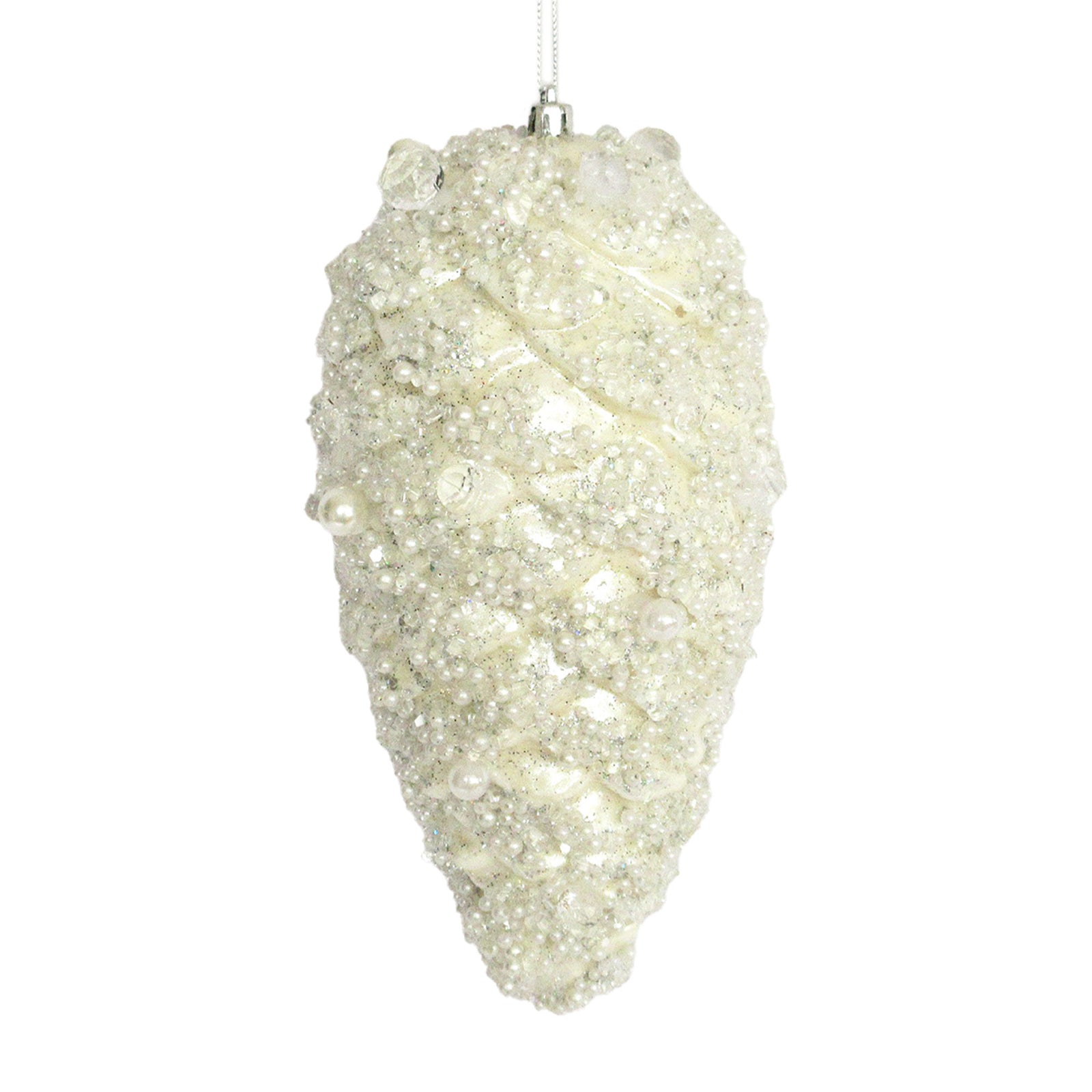 Ivory Glitter with Pearls Pinecone - Large | Putti Christmas Decorations 