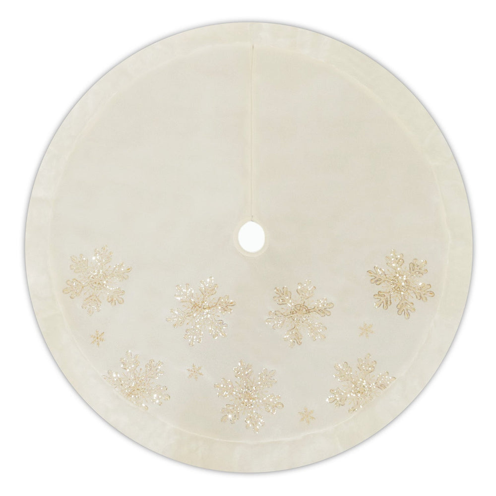 Ivory Velvet Tree Skirt with Gold glittered Snowflakes | Putti Christmas Decorations 