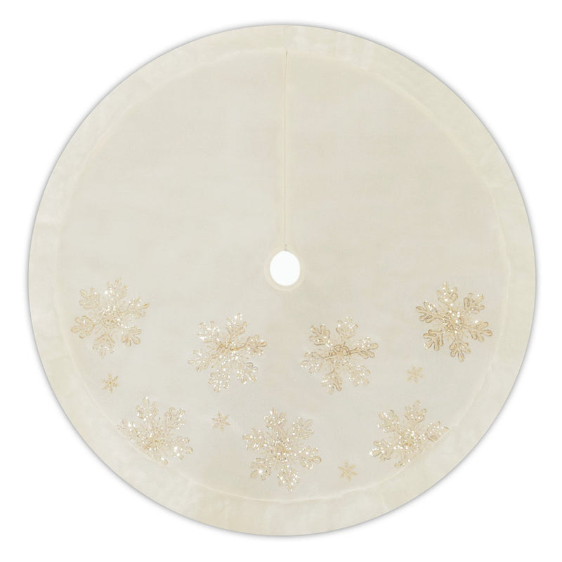 Ivory Velvet Tree Skirt with Gold glittered Snowflakes | Putti Christmas Decorations 