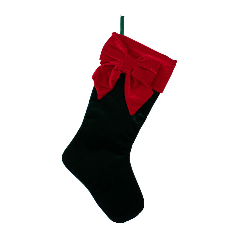 Stocking Green Velvet With Red Trim And Bow | Putti Christmas Decor 