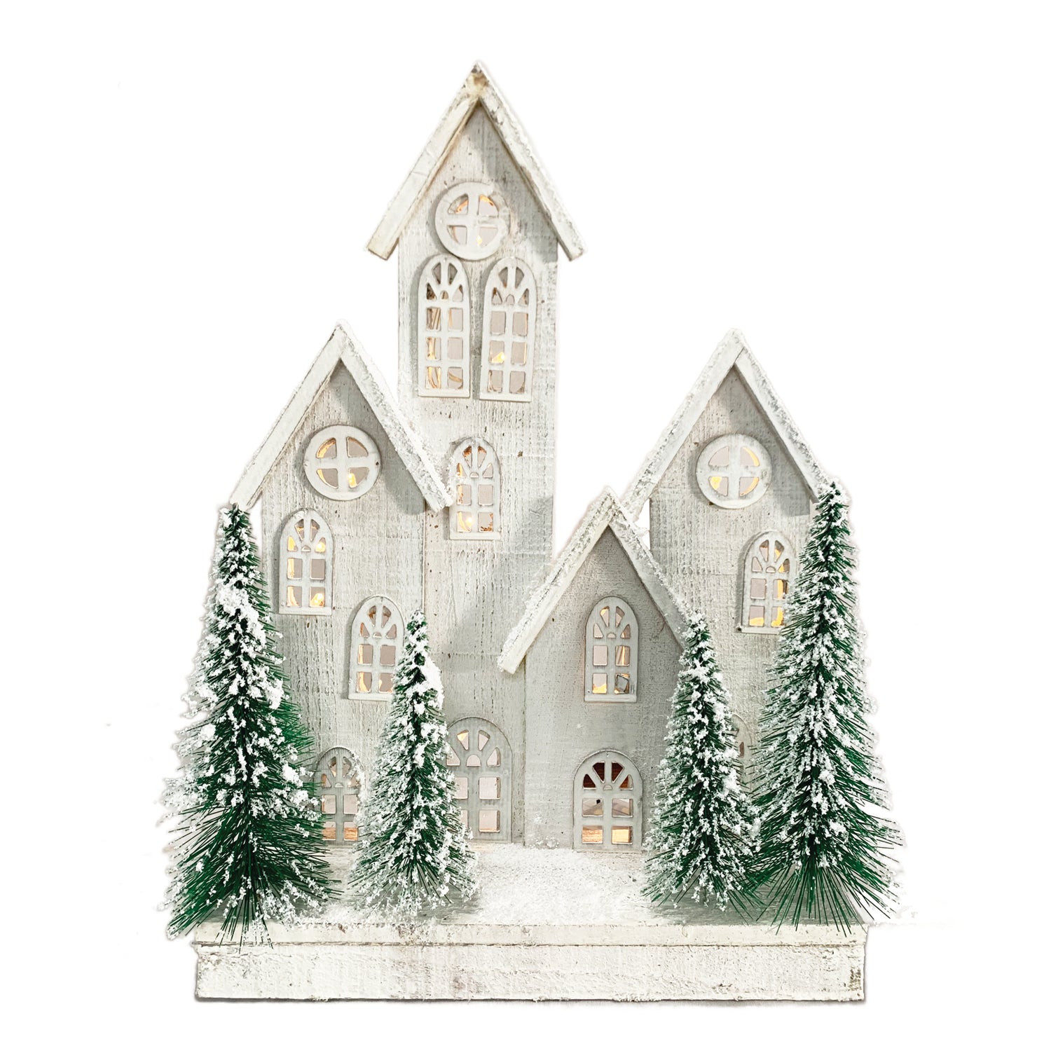 White Wooden Village Scene with LED Lights