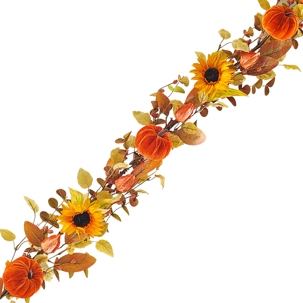 Fall Garland with Sunflowers and Velvet Pumpkins