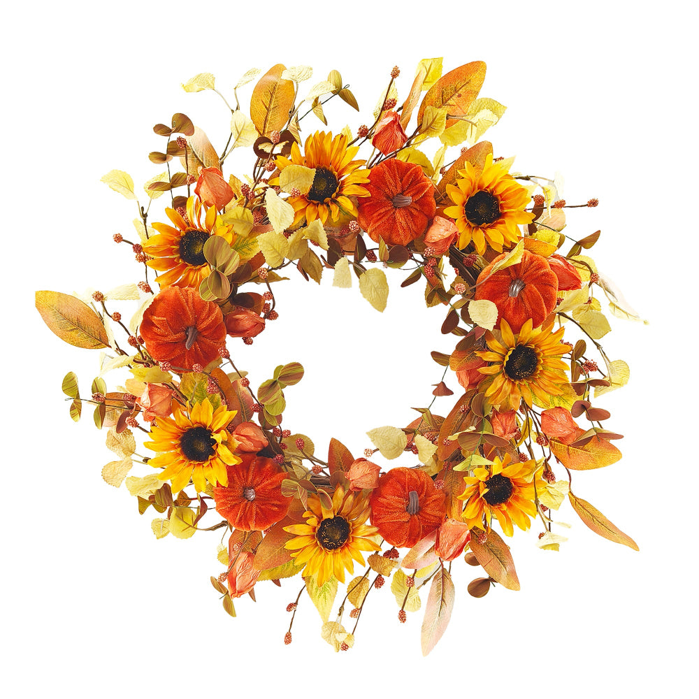 Fall Wreath with Sunflowers and Velvet Pumpkins