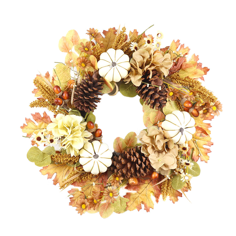 Fall Wreath with Pumpkins Acorns and Hydrangea
