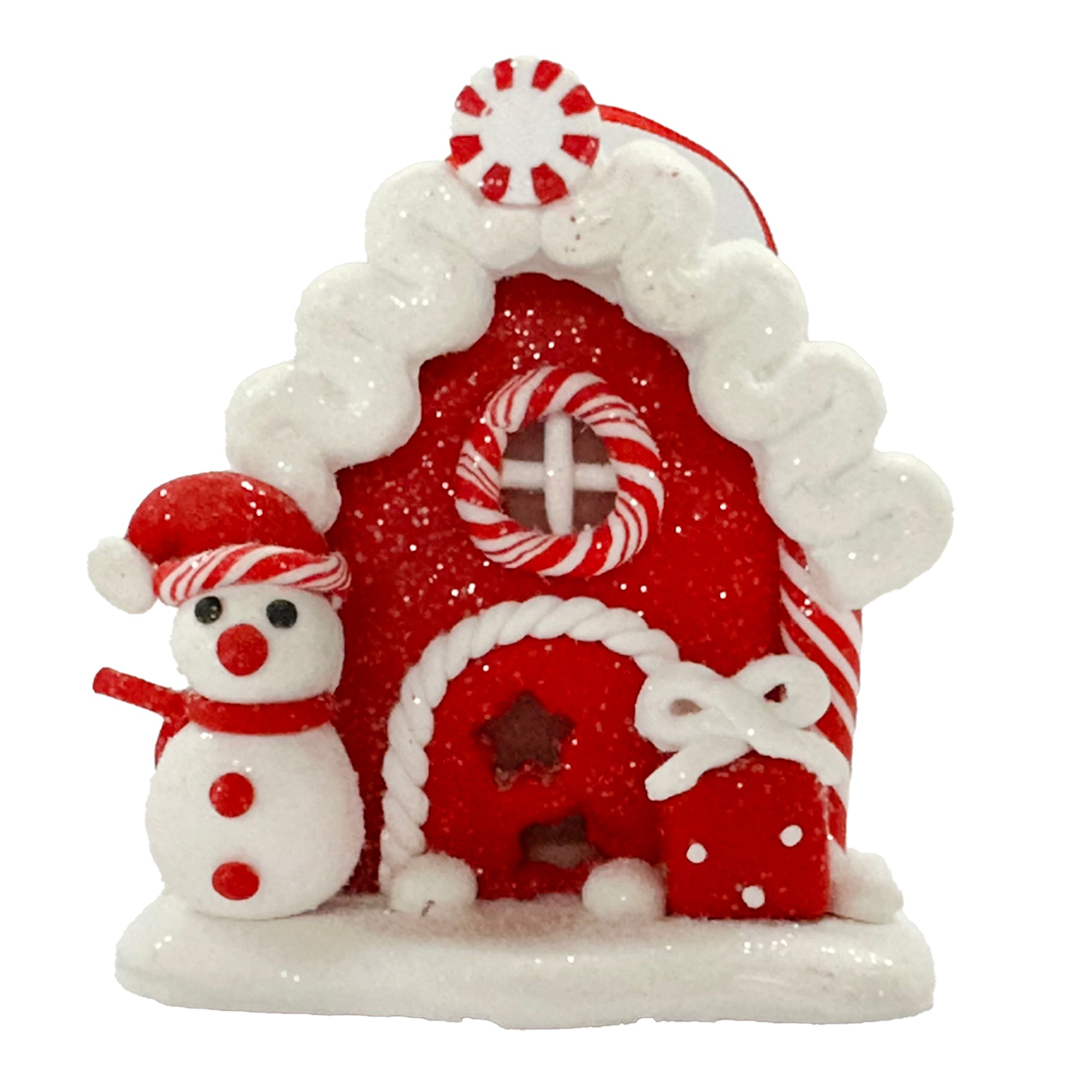 Red Gingerbread House with Snowman Ornament  | Putti Christmas Decorations 
