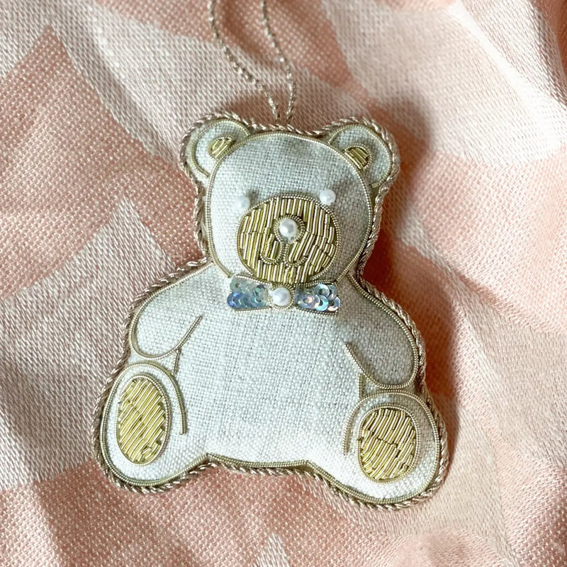 Handmade Teddy Bear Irish Linen Christening Ornament
