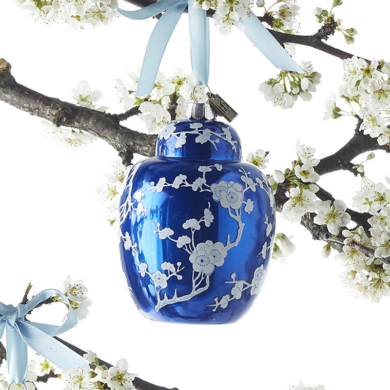 Eric Cortina Blue with White Flowers Ginger Jar Glass Ornament