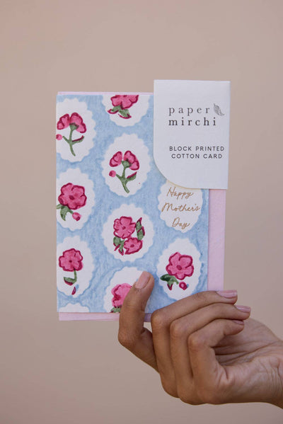Hand Block Printed Greeting Card - Mother's Day Pink Floral