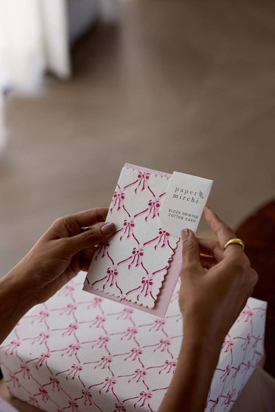 Hand Block Printed Greeting Card - Bows Pink Sorbet
