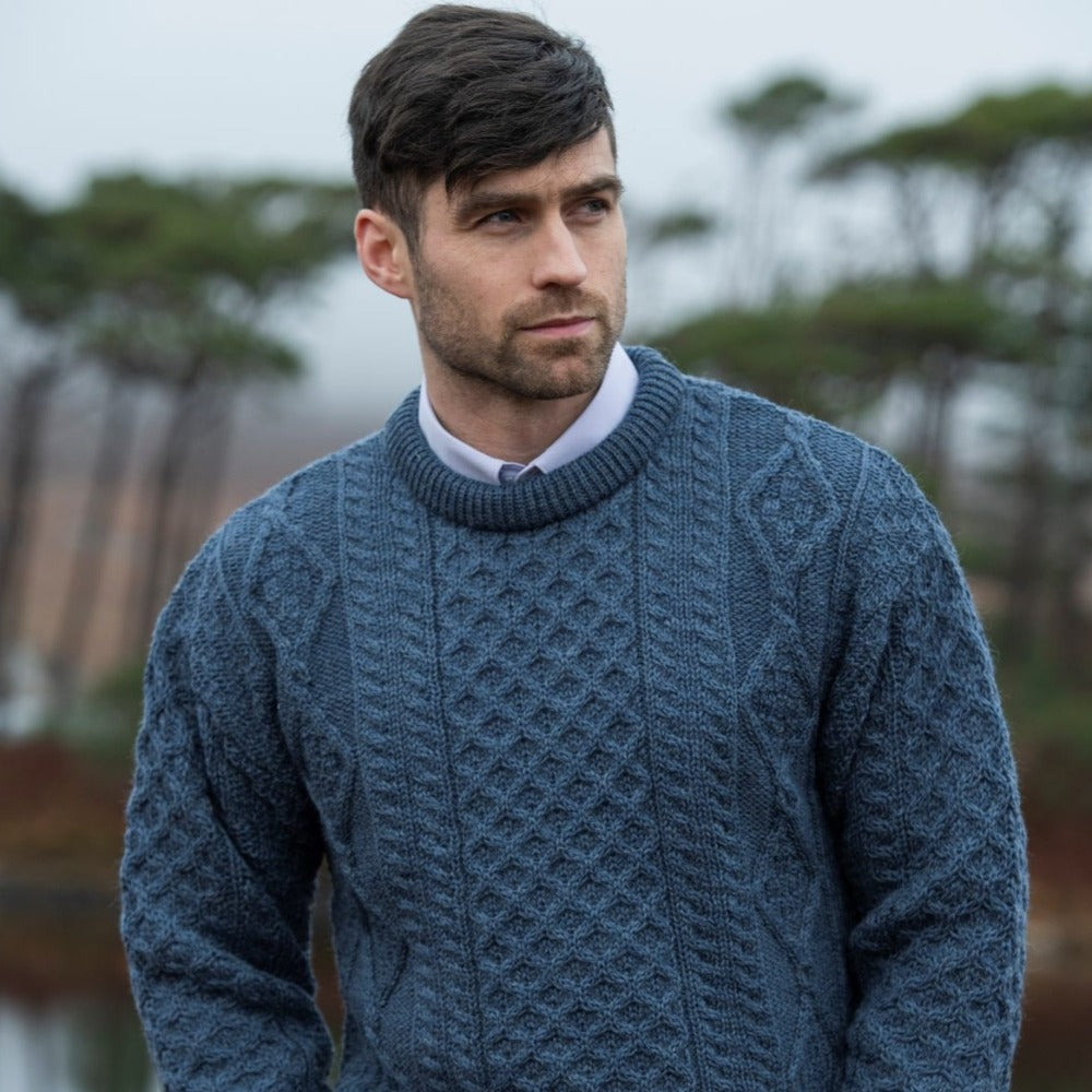 Inis Mor Aran Crew Neck Sweater - Caspian Blue