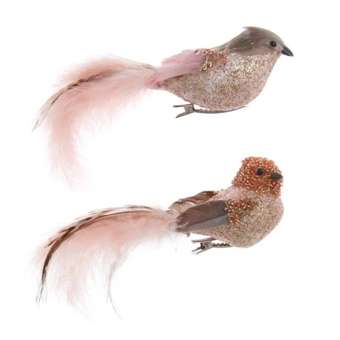Pink and Pewter Glittered Bird Clip-On Ornaments