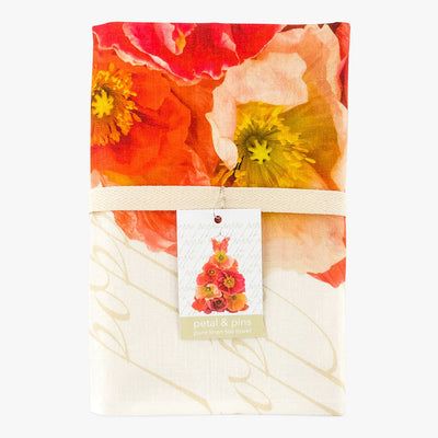 Petal & Pins  Linen Tea Towel - Orange & Lemon Poppy Design