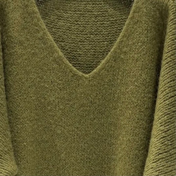 Mohair Blend V-Neck Sweater  - Olive Green | Putti Fine Fashions