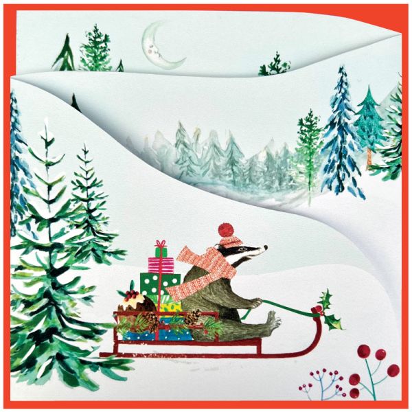 Sledding Badger Foldout Christmas Card