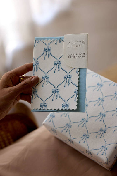 Hand Block Printed Greeting Card - Blue Bows Alaska