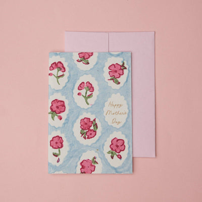 Hand Block Printed Greeting Card - Mother's Day Pink Floral